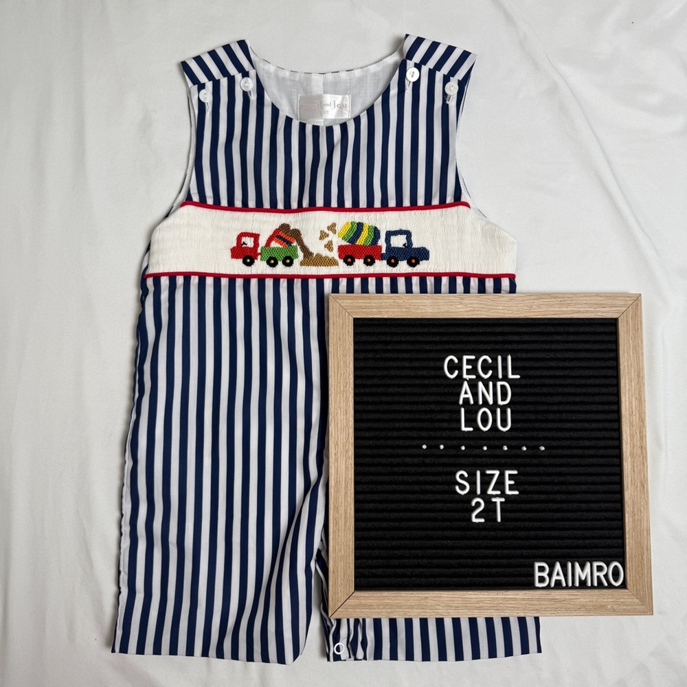Cecil and Lou Navy and White Striped Truck Toddler Smocked Romper Size 2T